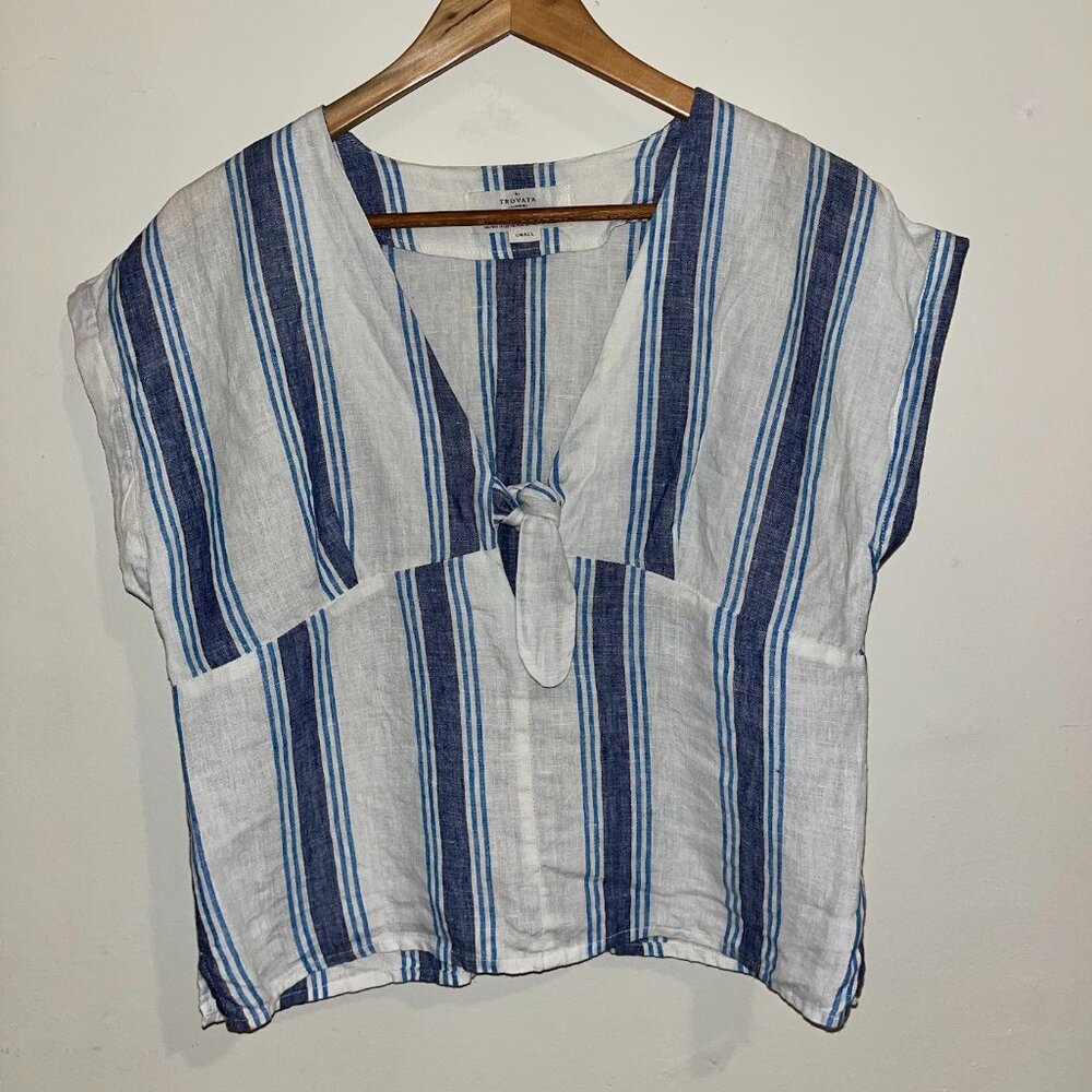 Trovata Birds of Paradise striped linen top tie front